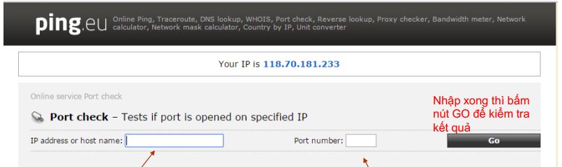 Nhập địa chỉ IP và số Port cần kiểm tra