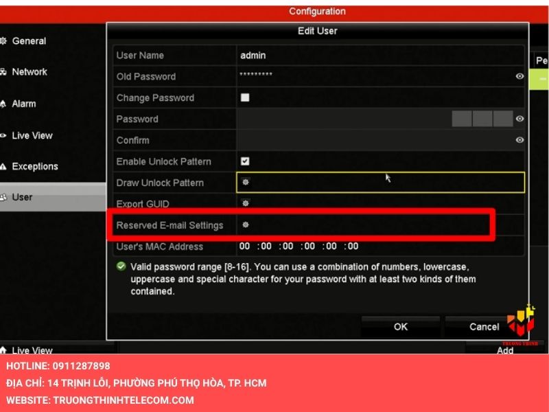 Mục Reserved Email Settings