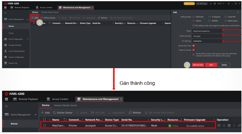 Gán máy chấm công về máy chủ bằng giao thức Ehome 5.0 thành công