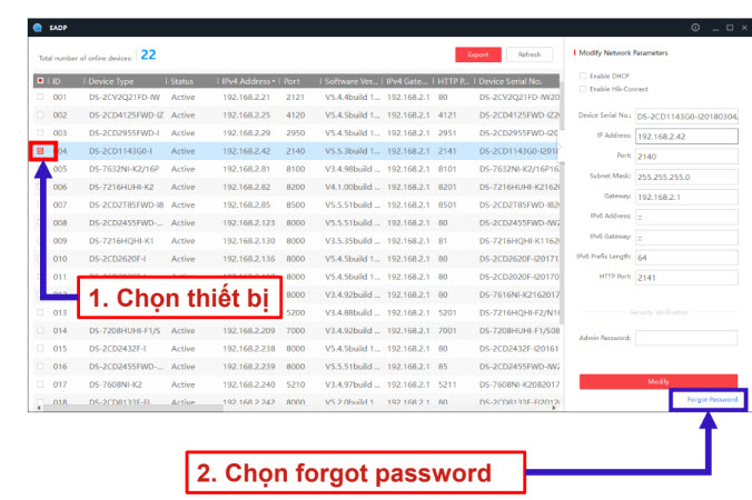 Chọn thiết bị cần xuất và chọn forgot password