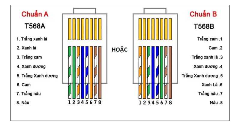 Chọn chuẩn cáp mạng bạn muốn bấm và xếp theo đúng như hình minh họa