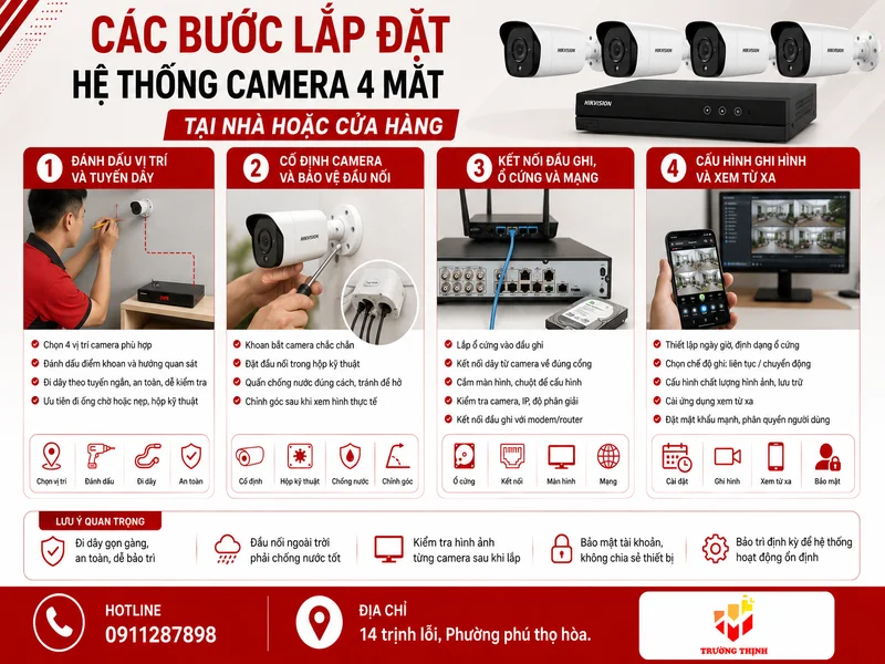 Các bước hướng dẫn lắp đặt hệ thống camera 4 mắt tại nhà hoặc cửa hàng
