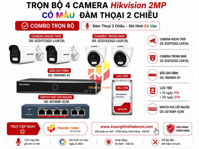 Gói 1: Bộ 4 camera 2mp Hikvision (TT-DS-2CD21G2-LIU)