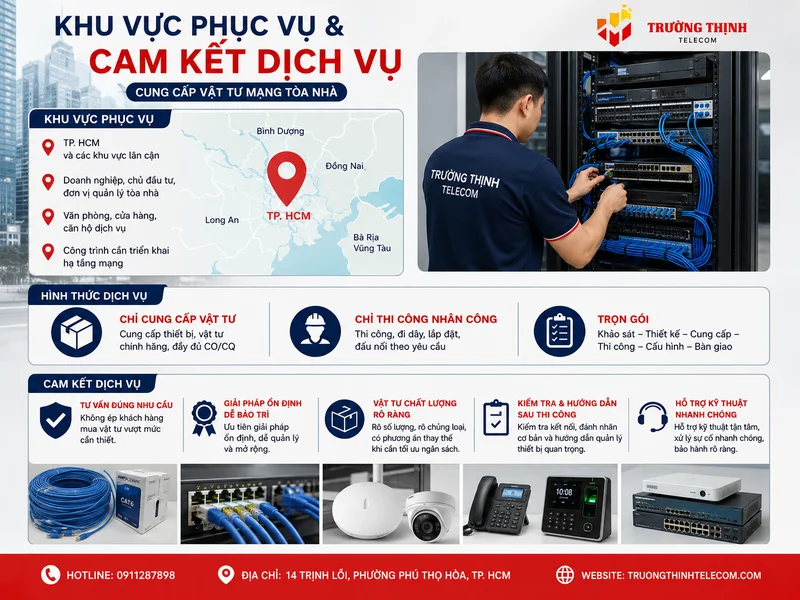 Khu vực phục vụ và cam kết dịch vụ cung cấp vật tư mạng tòa nhà