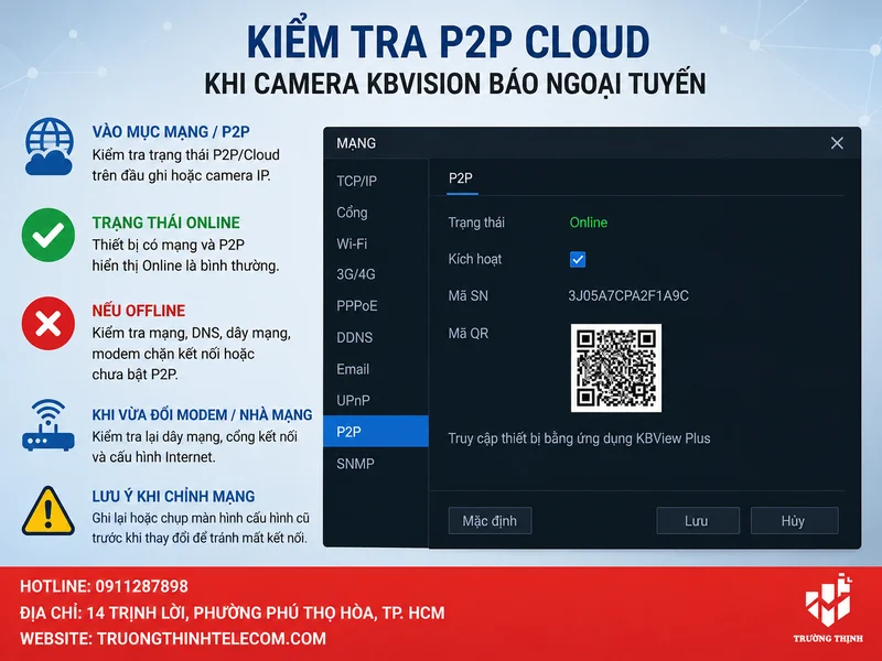 Kiểm tra P2P Cloud khi camera KBVision báo ngoại tuyến