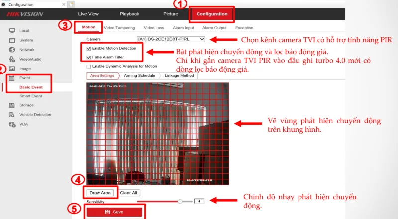 Kiểm tra phát hiện chuyển động, vùng cảnh báo và lịch hoạt động