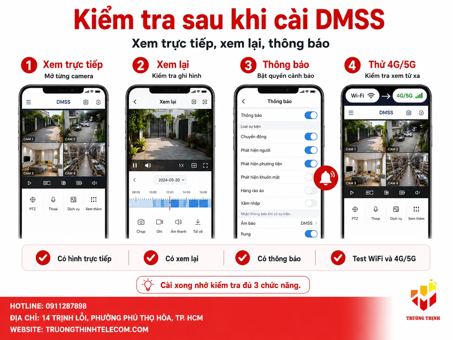 Kiểm tra sau khi cài DMSS: xem trực tiếp, xem lại và thông báo