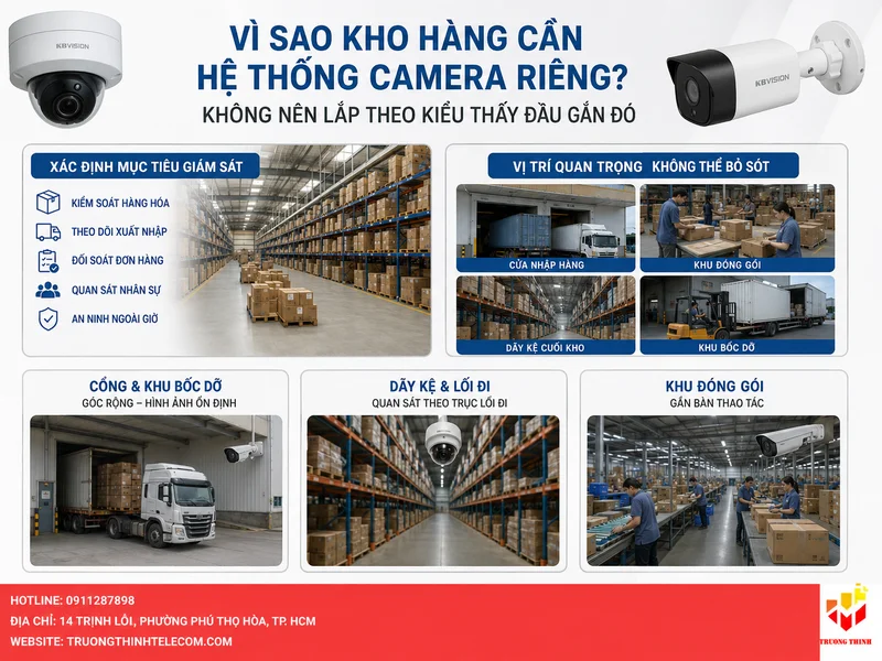 Vì sao kho hàng cần hệ thống camera riêng, không nên lắp theo kiểu thấy đâu gắn đó?
