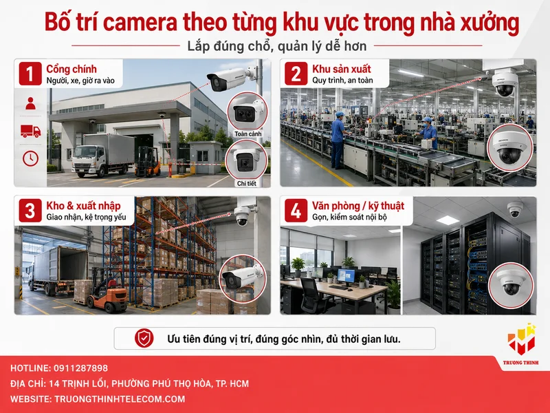 Bố trí camera theo từng khu vực trong nhà xưởng