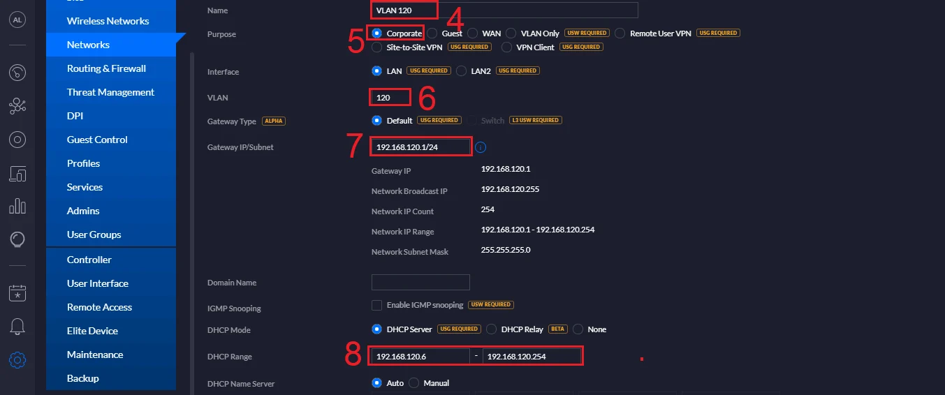 Thiết lập dải IP Gateway/Subnet
