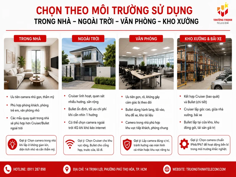 Chọn theo môi trường sử dụng: trong nhà, ngoài trời, văn phòng và kho xưởng