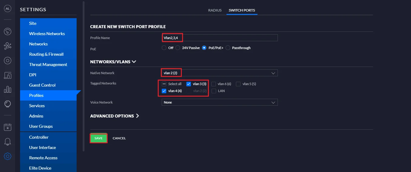 Tạo group Native VLAN 2 và tagged VLAN 3, VLAN 4