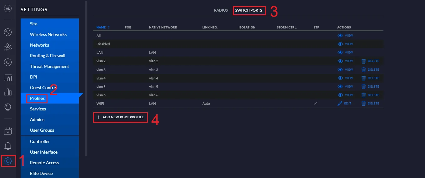 Vào Settings > Profiles > Switch Port